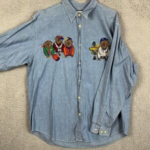 VINTAGE More More Shirt Denim Mens Large Blue Dog Embroidered Lightweight 90s